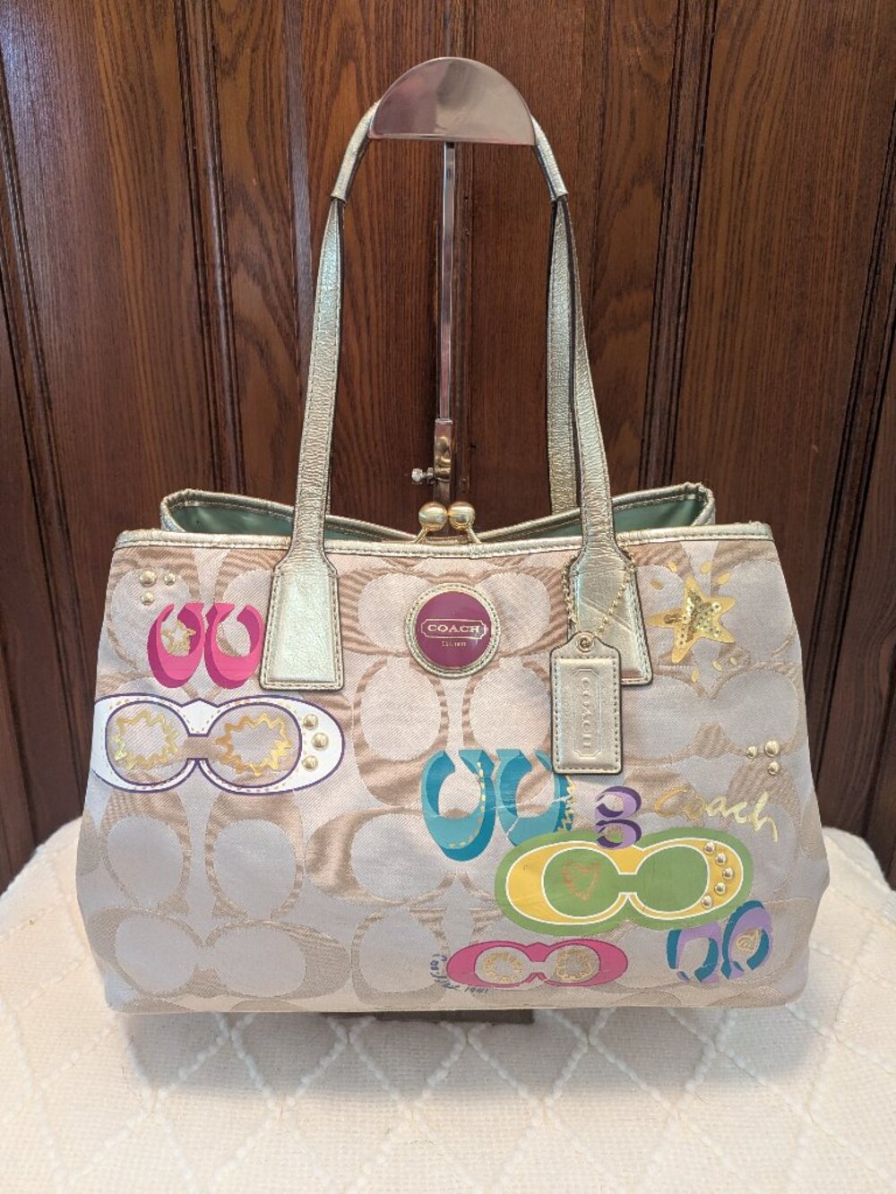 COACH Graffiti Kiss Lock Shoulder Handbag Metallic Gold Signature